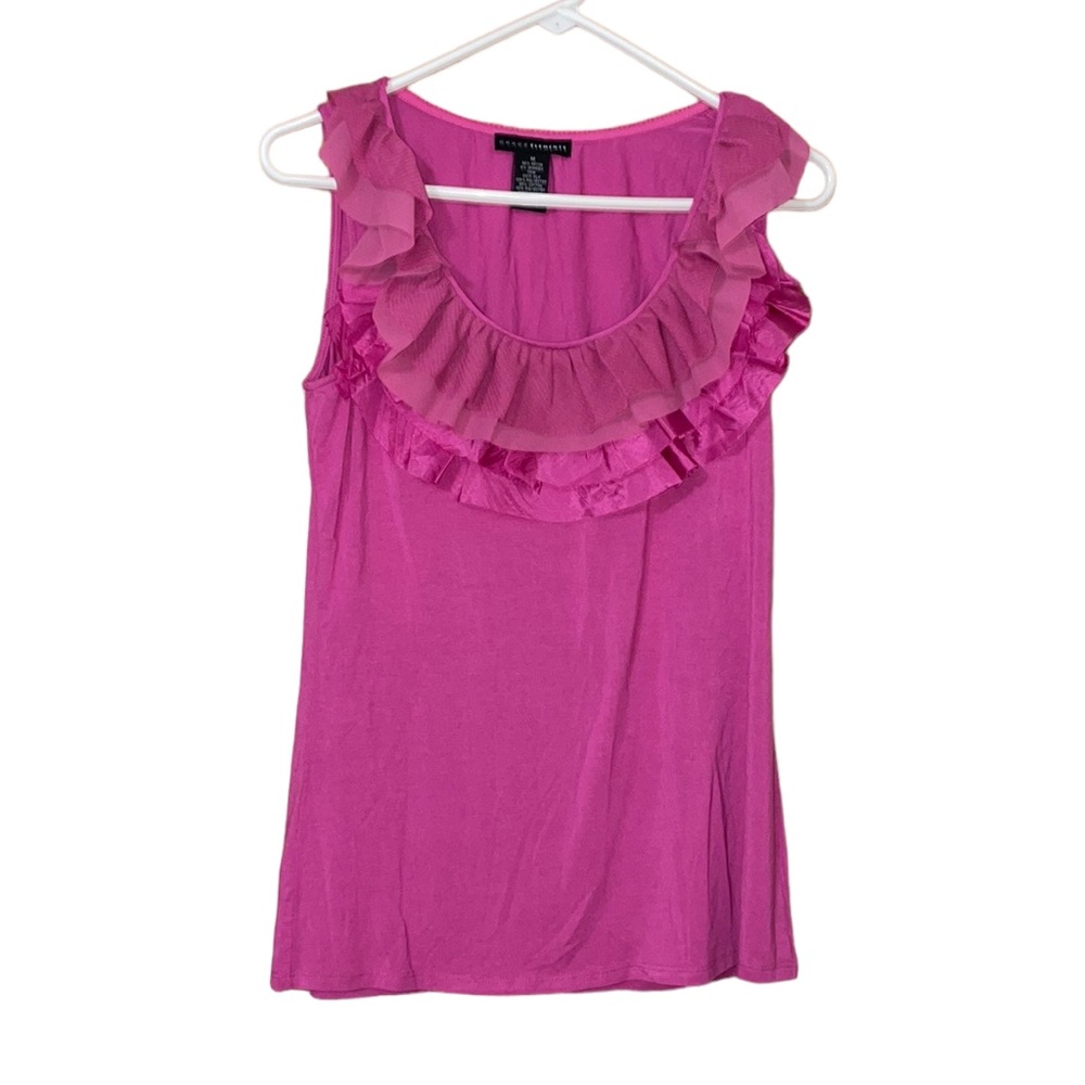 •GRACE ELEMENTS•PINK SILK & LACE RUFFLE NECK TRIM TANK TOP BLOUSE SIZE MEDIUM